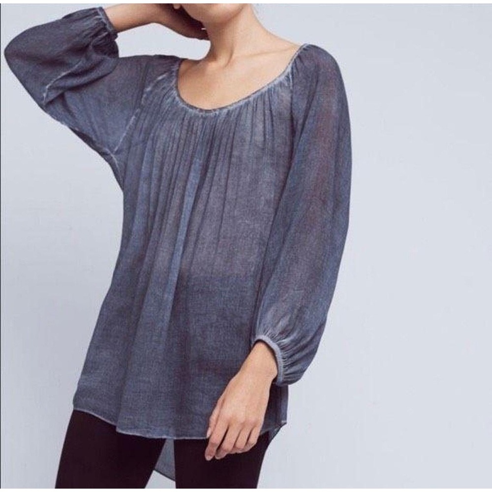 Saturday Sunday Blue‎ Tie Dye Gathered Neck Long Sleeve Tunic Top Women's S
